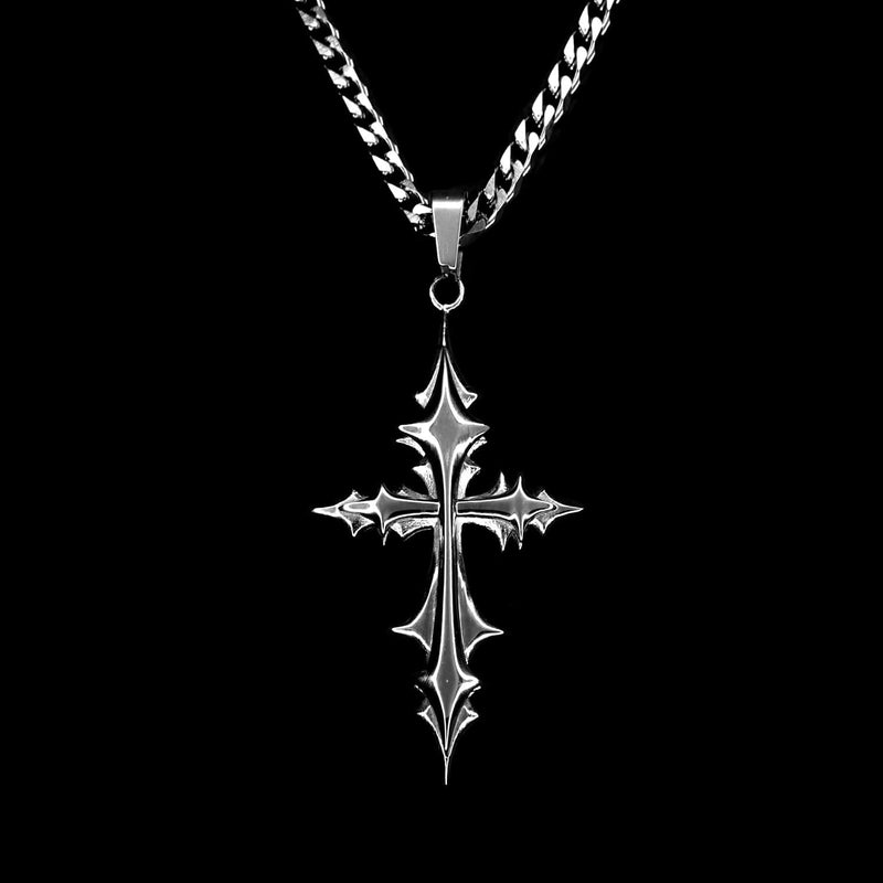Men's Huge Polish Stainless Steel Triple Cross Pendant Necklace - Silver/Black, Gothic Biker Style